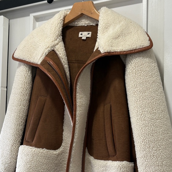LOFT Ivory Cream Sherpa & Brown Faux Suede Moto Zip Jacket Coat Size Medium - Picture 5 of 15